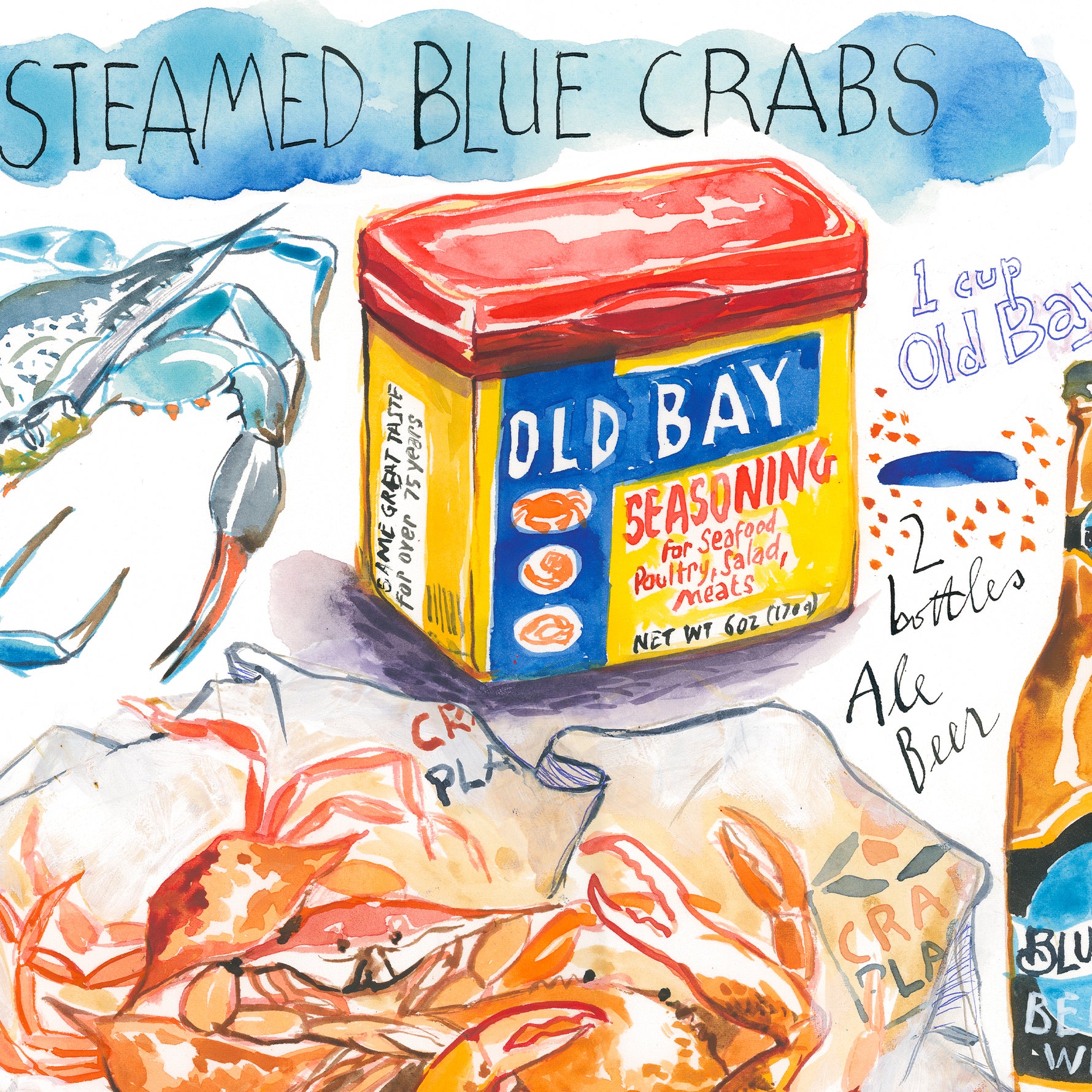 close-up image of a Maryland steamed crabs recipe fine art print in watercolor featuring the ingredients and the finished dish, along with handwritten instructions in English.