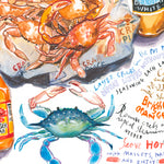 close-up image of a Maryland steamed crabs recipe fine art print in watercolor featuring the ingredients and the finished dish, along with handwritten instructions in English.