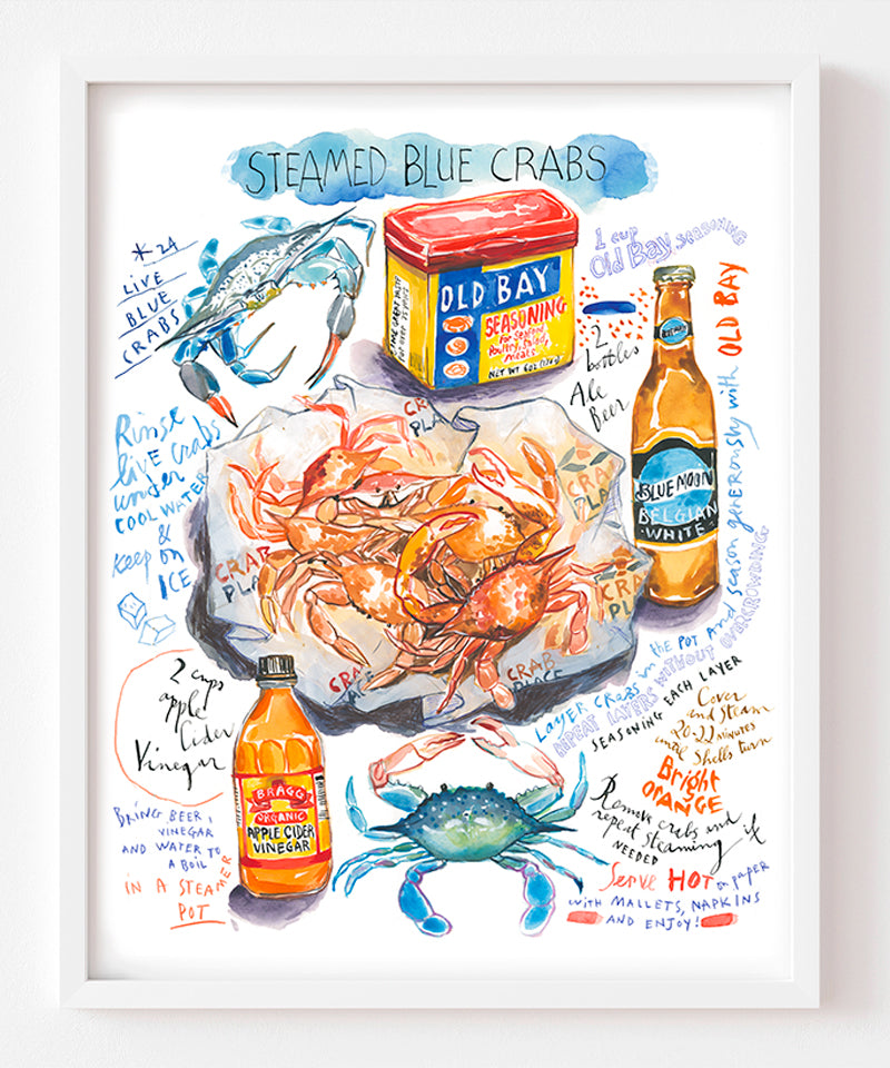 steamed blue crab recipe fine art print in watercolor showing the ingredients and the dish as well as handwritten instructions in English. 