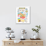 sugar cookies recipe fine art print in watercolor showing the ingredients and a box of decorated sugar cookies as well as handwritten instructions in English. 
