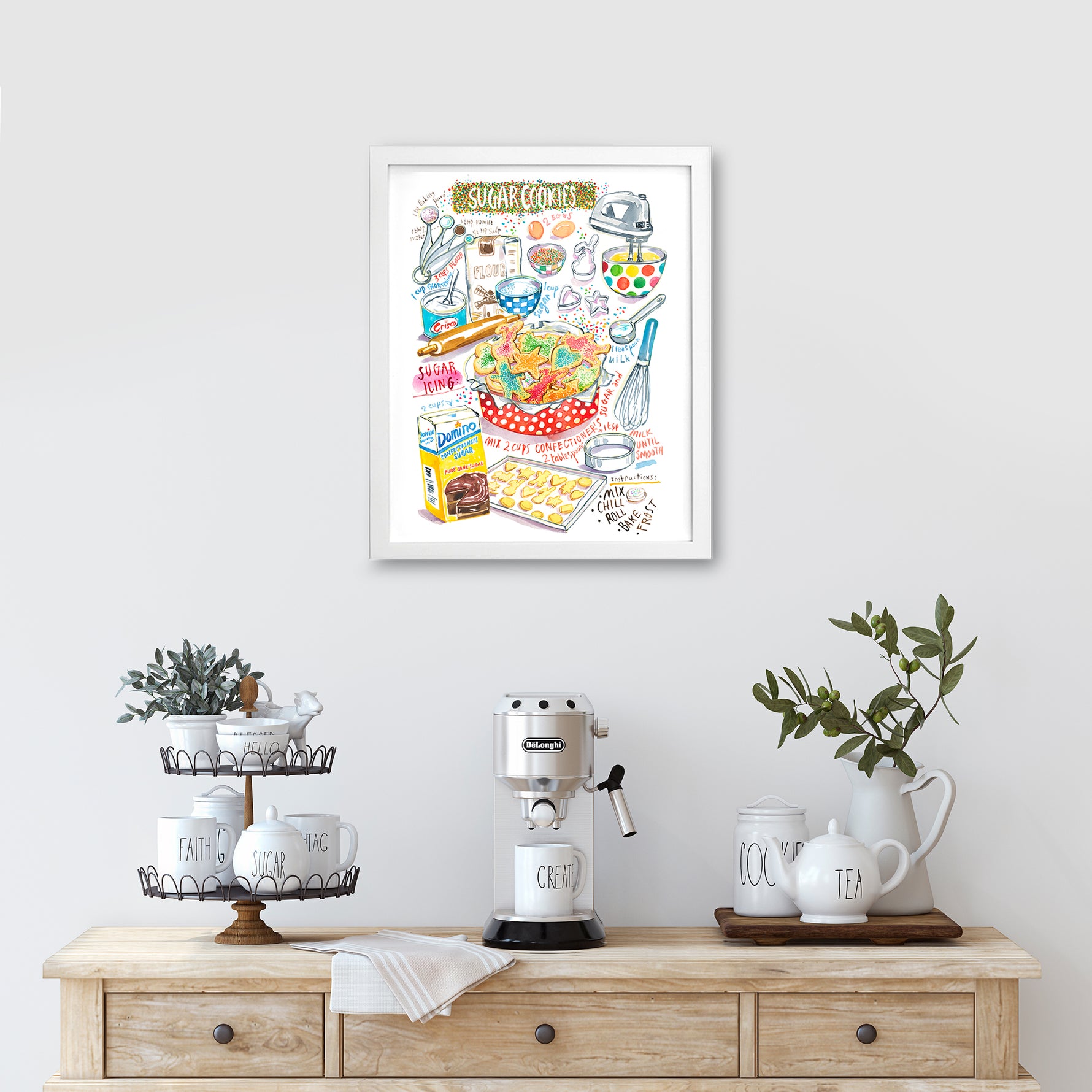 sugar cookies recipe fine art print in watercolor showing the ingredients and a box of decorated sugar cookies as well as handwritten instructions in English. 