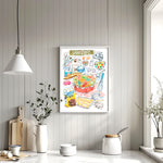 sugar cookies recipe fine art print in watercolor showing the ingredients and a box of decorated sugar cookies as well as handwritten instructions in English. 