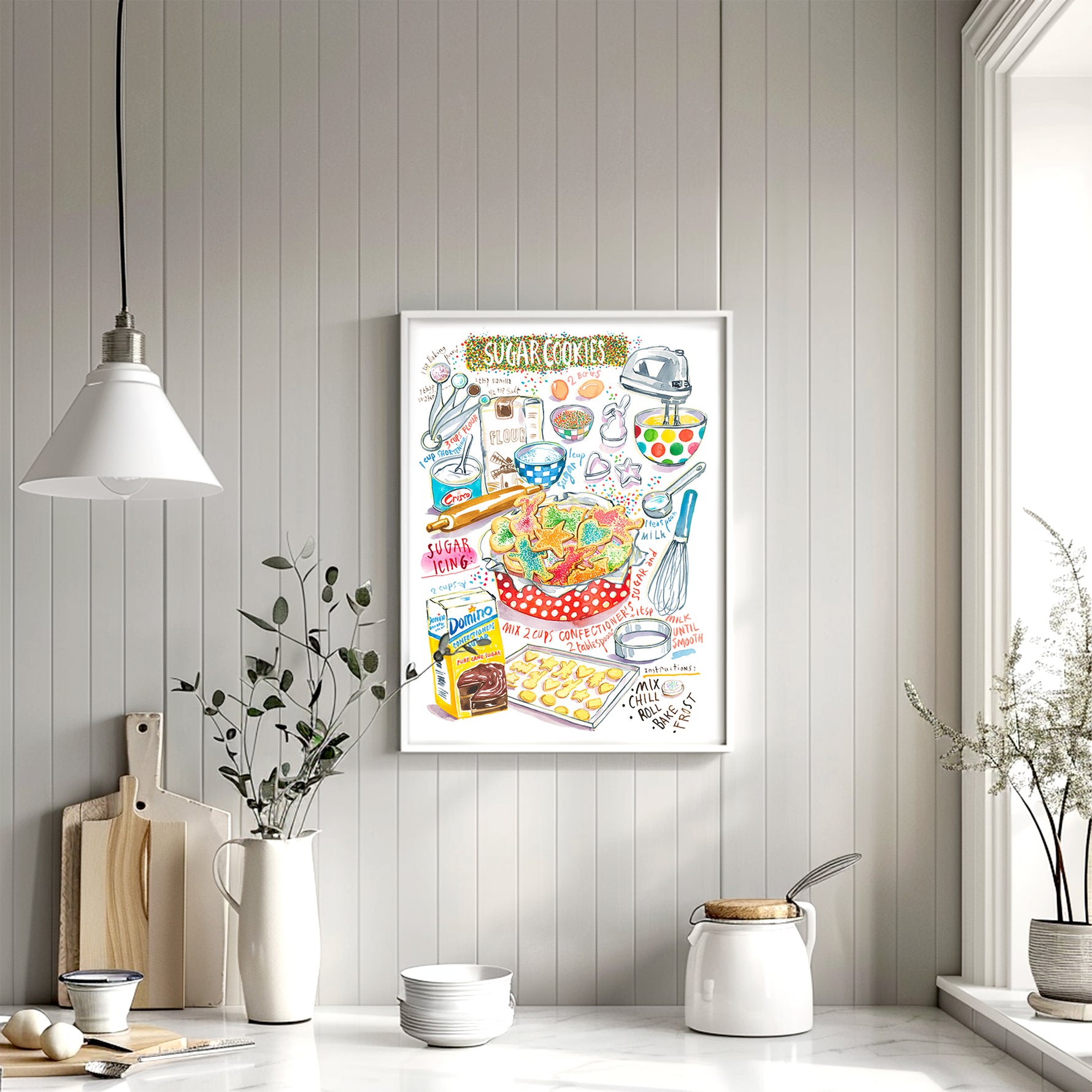 sugar cookies recipe fine art print in watercolor showing the ingredients and a box of decorated sugar cookies as well as handwritten instructions in English. 