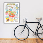 sugar cookies recipe fine art print in watercolor showing the ingredients and a box of decorated sugar cookies as well as handwritten instructions in English. 