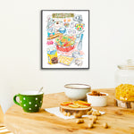 sugar cookies recipe fine art print in watercolor showing the ingredients and a box of decorated sugar cookies as well as handwritten instructions in English. 