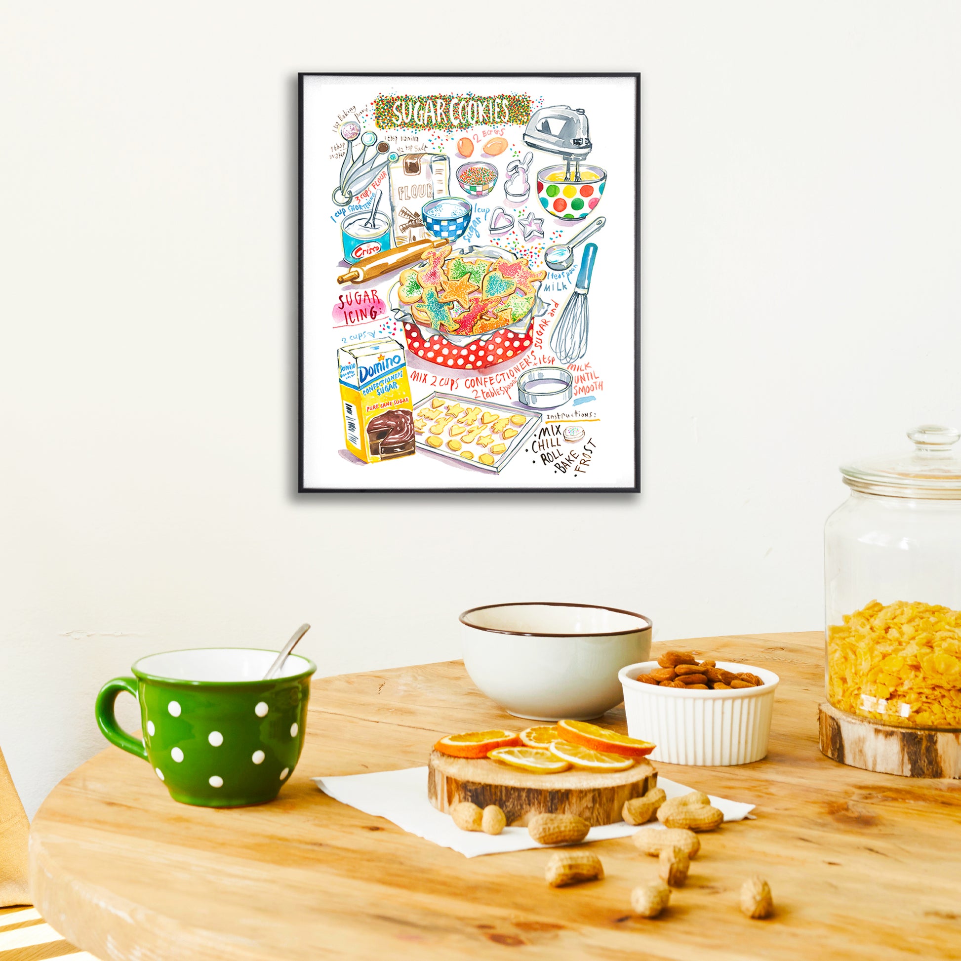 sugar cookies recipe fine art print in watercolor showing the ingredients and a box of decorated sugar cookies as well as handwritten instructions in English. 