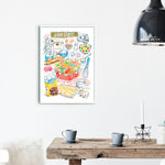 sugar cookies recipe fine art print in watercolor showing the ingredients and a box of decorated sugar cookies as well as handwritten instructions in English. 