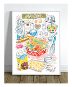 sugar cookies recipe fine art print in watercolor showing the ingredients and a box of decorated sugar cookies as well as handwritten instructions in English. 