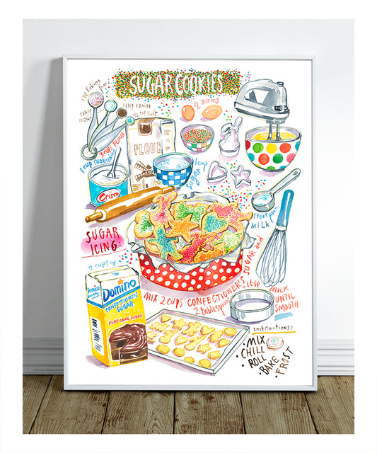 sugar cookies recipe fine art print in watercolor showing the ingredients and a box of decorated sugar cookies as well as handwritten instructions in English. 