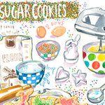 close up of the following illustrated recipe : sugar cookies recipe fine art print in watercolor showing the ingredients and a box of decorated sugar cookies as well as handwritten instructions in English. 