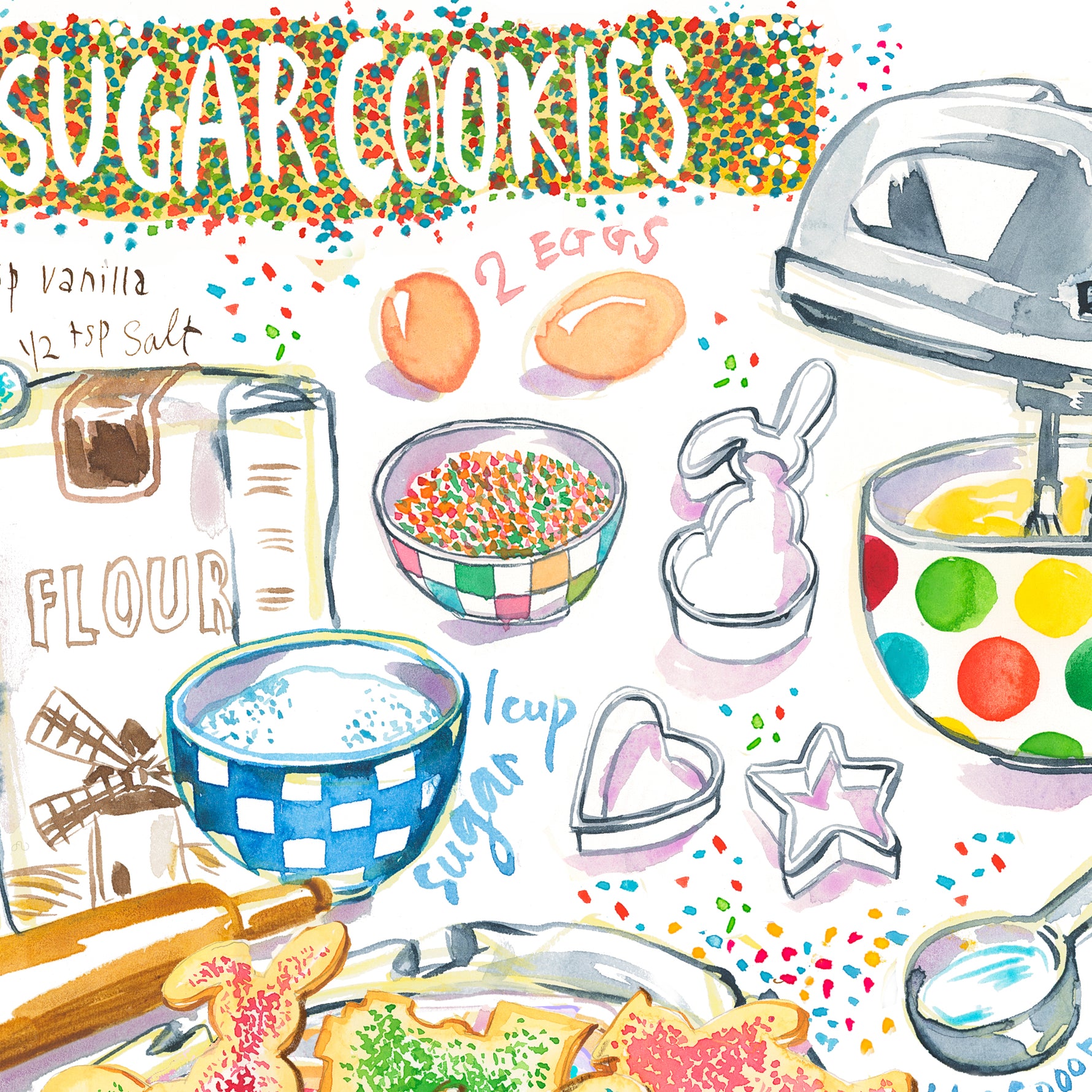close up of the following illustrated recipe : sugar cookies recipe fine art print in watercolor showing the ingredients and a box of decorated sugar cookies as well as handwritten instructions in English. 