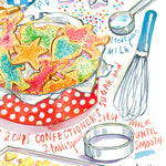 close up of the following illustrated recipe : sugar cookies recipe fine art print in watercolor showing the ingredients and a box of decorated sugar cookies as well as handwritten instructions in English. 