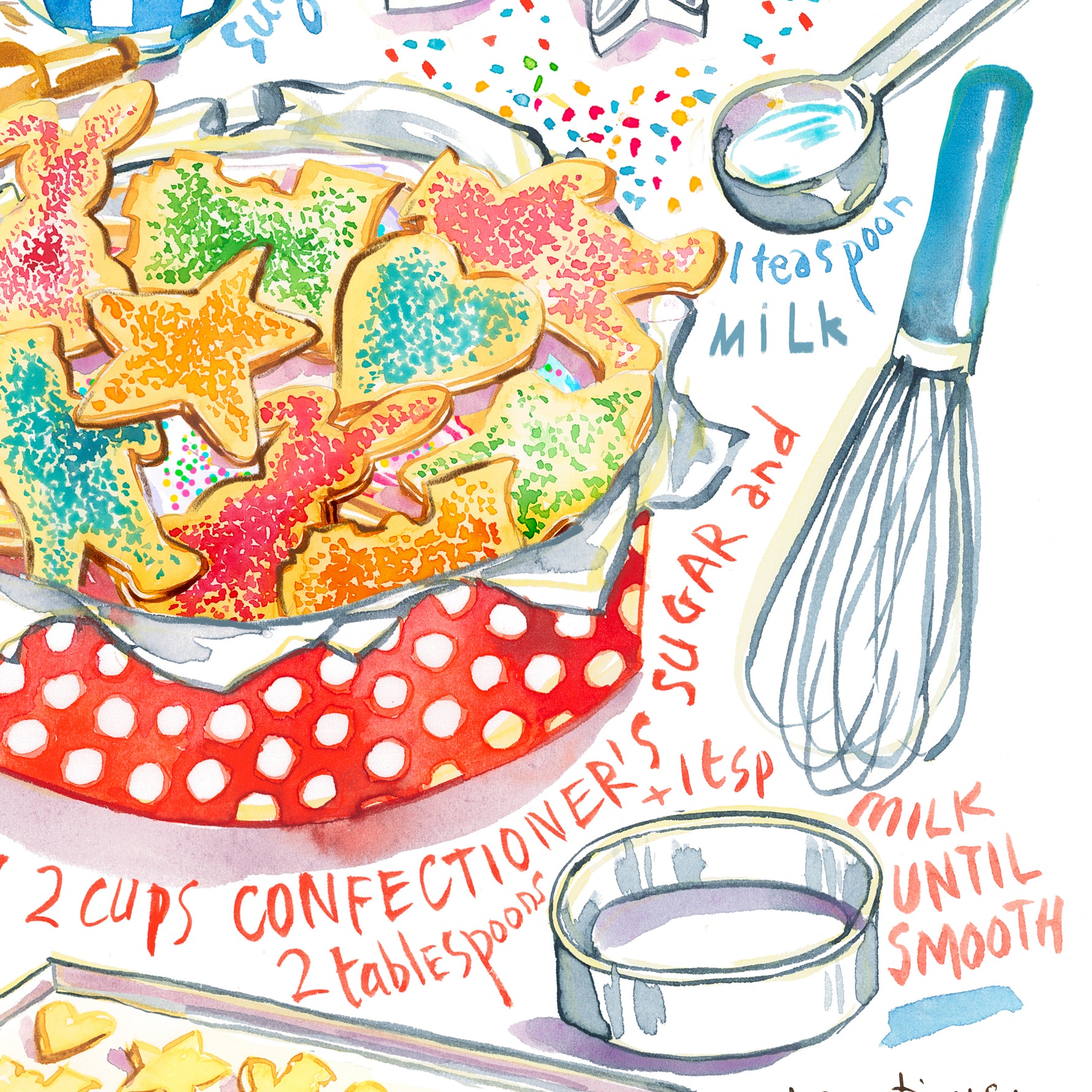 close up of the following illustrated recipe : sugar cookies recipe fine art print in watercolor showing the ingredients and a box of decorated sugar cookies as well as handwritten instructions in English. 