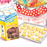 close up of the following illustrated recipe : sugar cookies recipe fine art print in watercolor showing the ingredients and a box of decorated sugar cookies as well as handwritten instructions in English. 