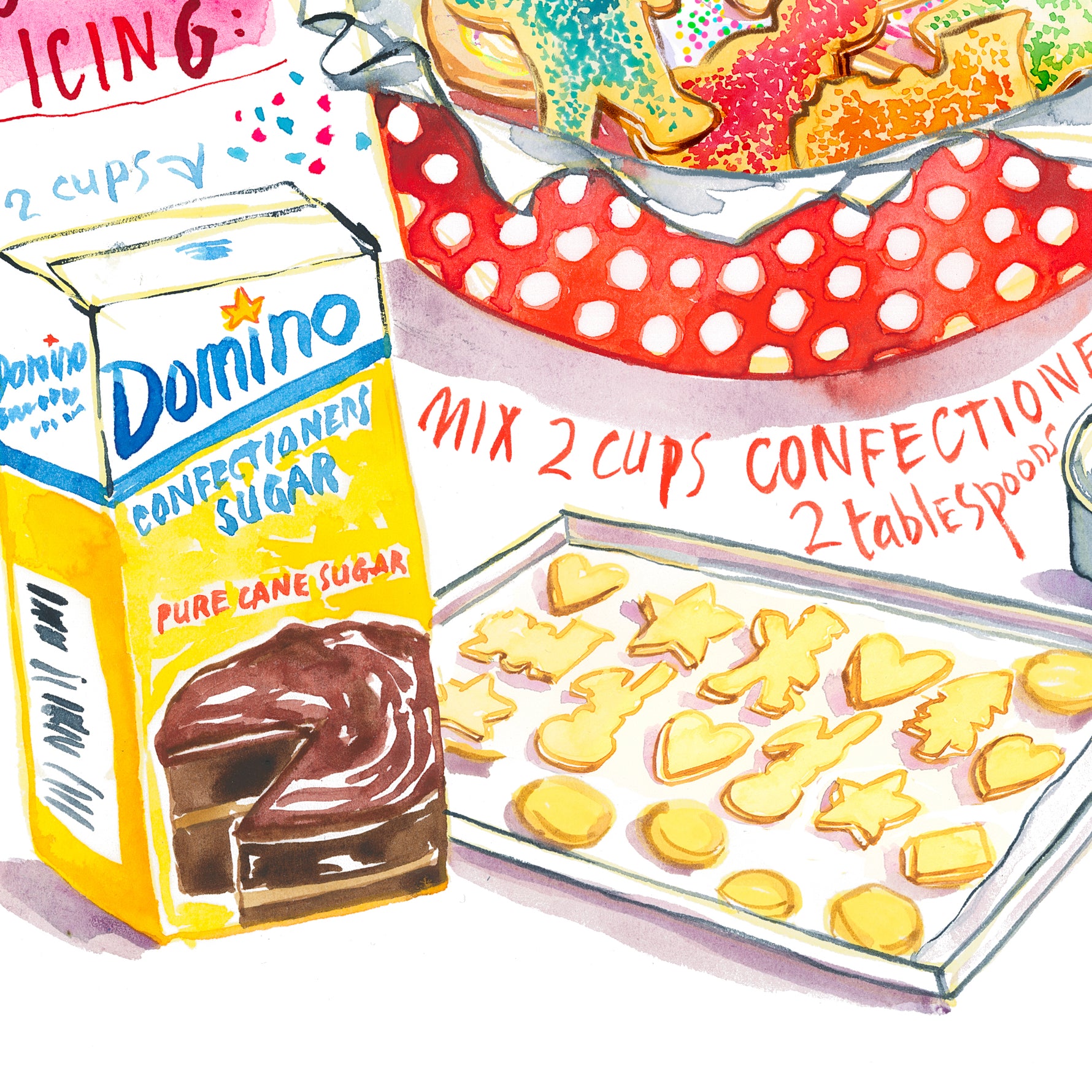 close up of the following illustrated recipe : sugar cookies recipe fine art print in watercolor showing the ingredients and a box of decorated sugar cookies as well as handwritten instructions in English. 