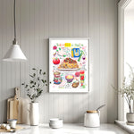 Tagliatelle al ragù recipe fine art print in oil pastel featuring the ingredients and the finished dish, along with handwritten instructions in English. The framed poster hanging in a kitchen space.