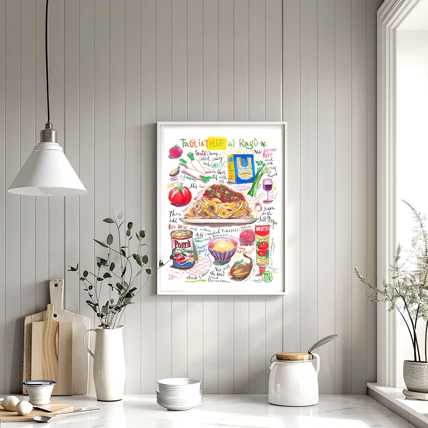 Tagliatelle al ragù recipe fine art print in oil pastel featuring the ingredients and the finished dish, along with handwritten instructions in English. The framed poster hanging in a kitchen space.