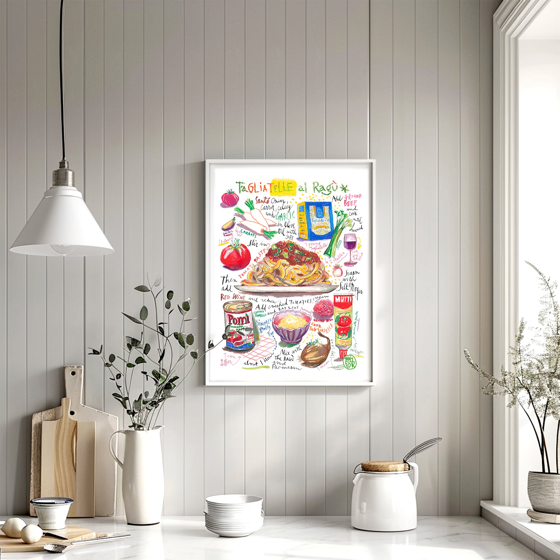 Tagliatelle al ragù recipe fine art print in oil pastel featuring the ingredients and the finished dish, along with handwritten instructions in English. The framed poster hanging in a kitchen space.