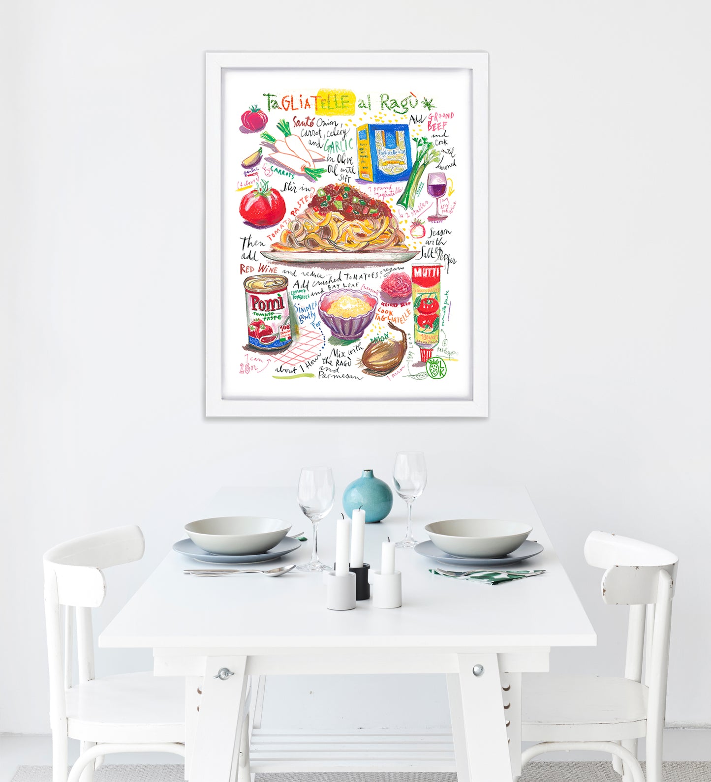 Tagliatelle al ragù recipe fine art print in oil pastel featuring the ingredients and the finished dish, along with handwritten instructions in English. The framed poster hanging in a dining space.