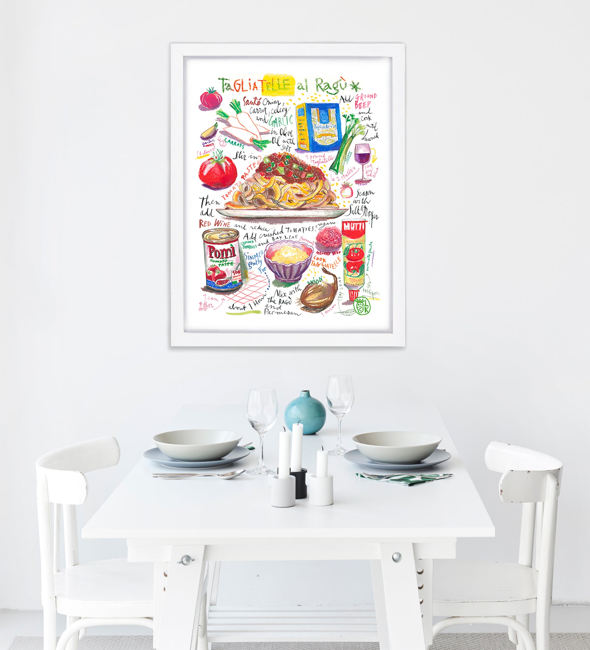 Tagliatelle al ragù recipe fine art print in oil pastel featuring the ingredients and the finished dish, along with handwritten instructions in English. The framed poster hanging in a dining space.
