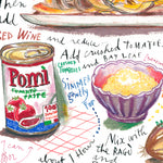 close-up image of Tagliatelle al ragù recipe fine art print in oil pastel featuring the ingredients and the finished dish, along with handwritten instructions in English.