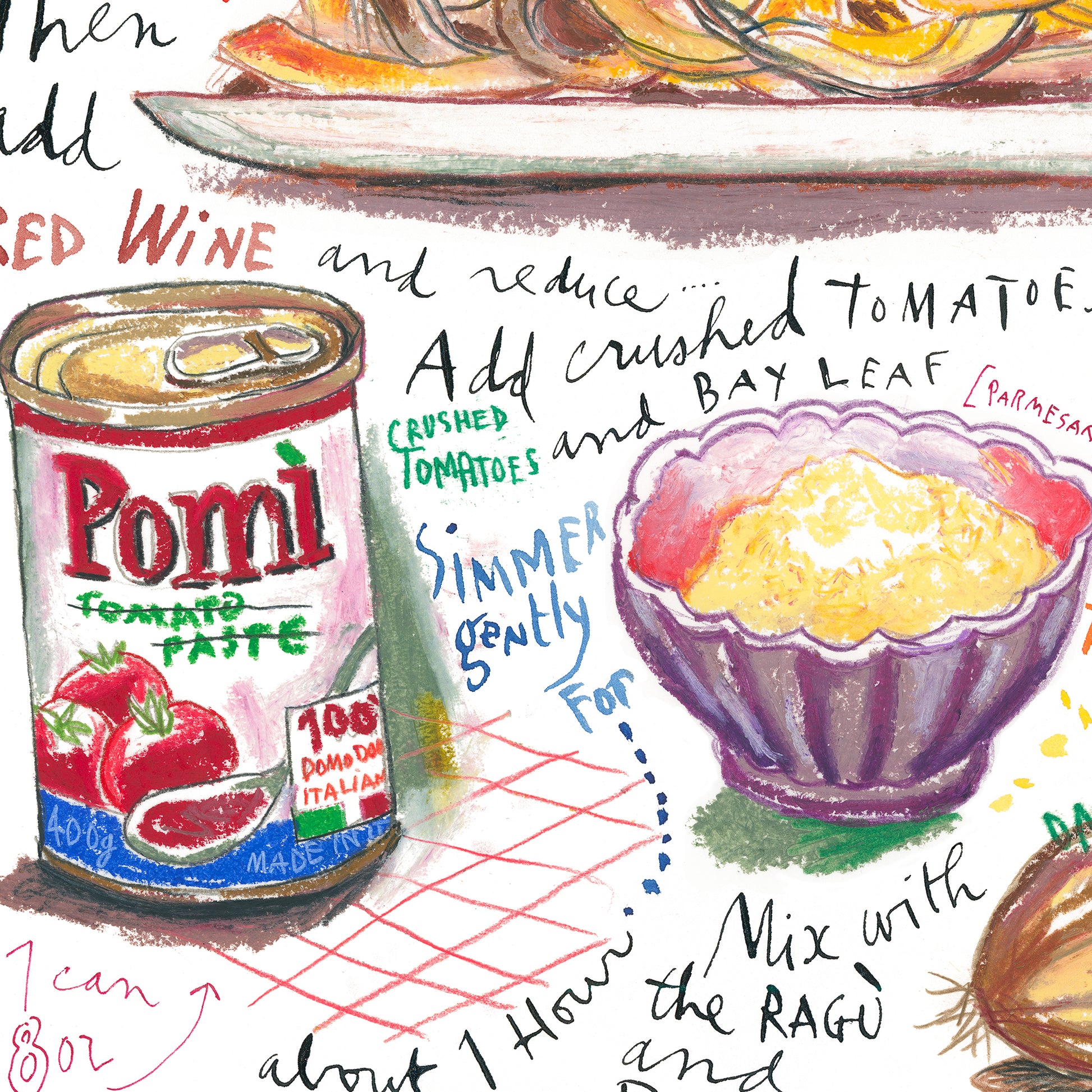 close-up image of Tagliatelle al ragù recipe fine art print in oil pastel featuring the ingredients and the finished dish, along with handwritten instructions in English.