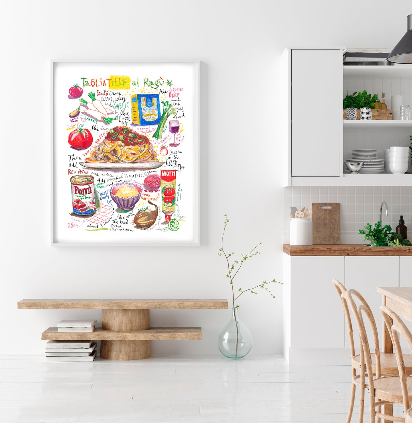 Tagliatelle al ragù recipe fine art print in oil pastel featuring the ingredients and the finished dish, along with handwritten instructions in English. The framed poster hanging in a kitchen space.