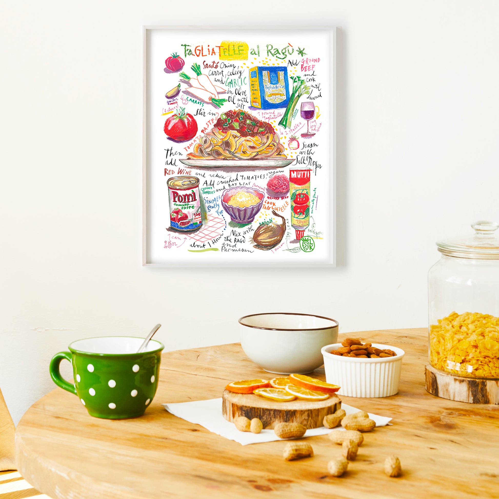 Tagliatelle al ragù recipe fine art print in oil pastel featuring the ingredients and the finished dish, along with handwritten instructions in English. The framed poster hanging in a kitchen space.