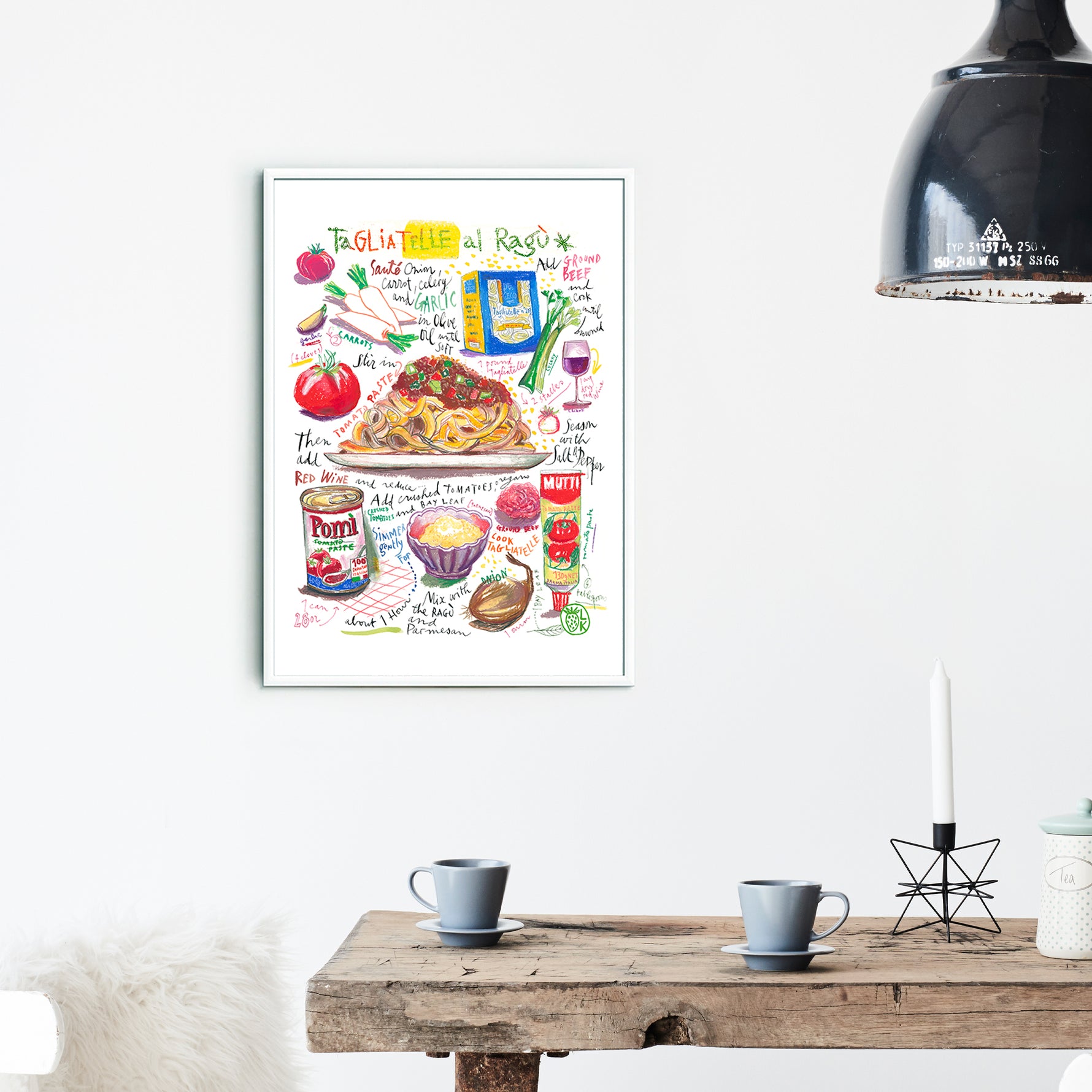 Tagliatelle al ragù recipe fine art print in oil pastel featuring the ingredients and the finished dish, along with handwritten instructions in English. The framed poster hanging in a dining space.