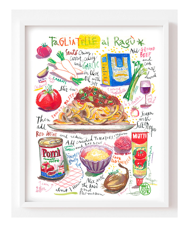 Tagliatelle al ragù recipe fine art print in oil pastel featuring the ingredients and the finished dish, along with handwritten instructions in English.