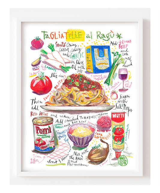 Tagliatelle al ragù recipe fine art print in oil pastel featuring the ingredients and the finished dish, along with handwritten instructions in English.