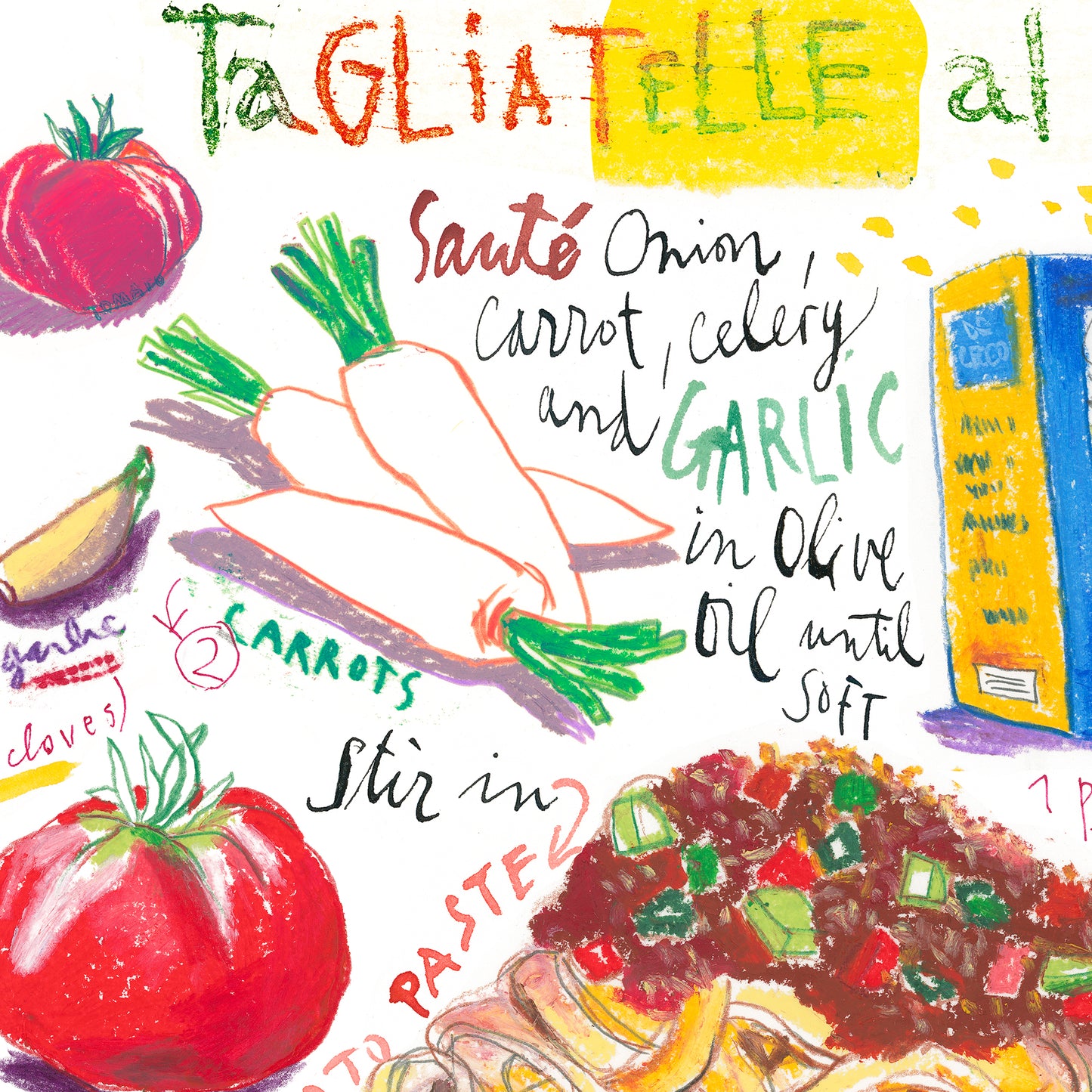close-up image of Tagliatelle al ragù recipe fine art print in oil pastel featuring the ingredients and the finished dish, along with handwritten instructions in English.
