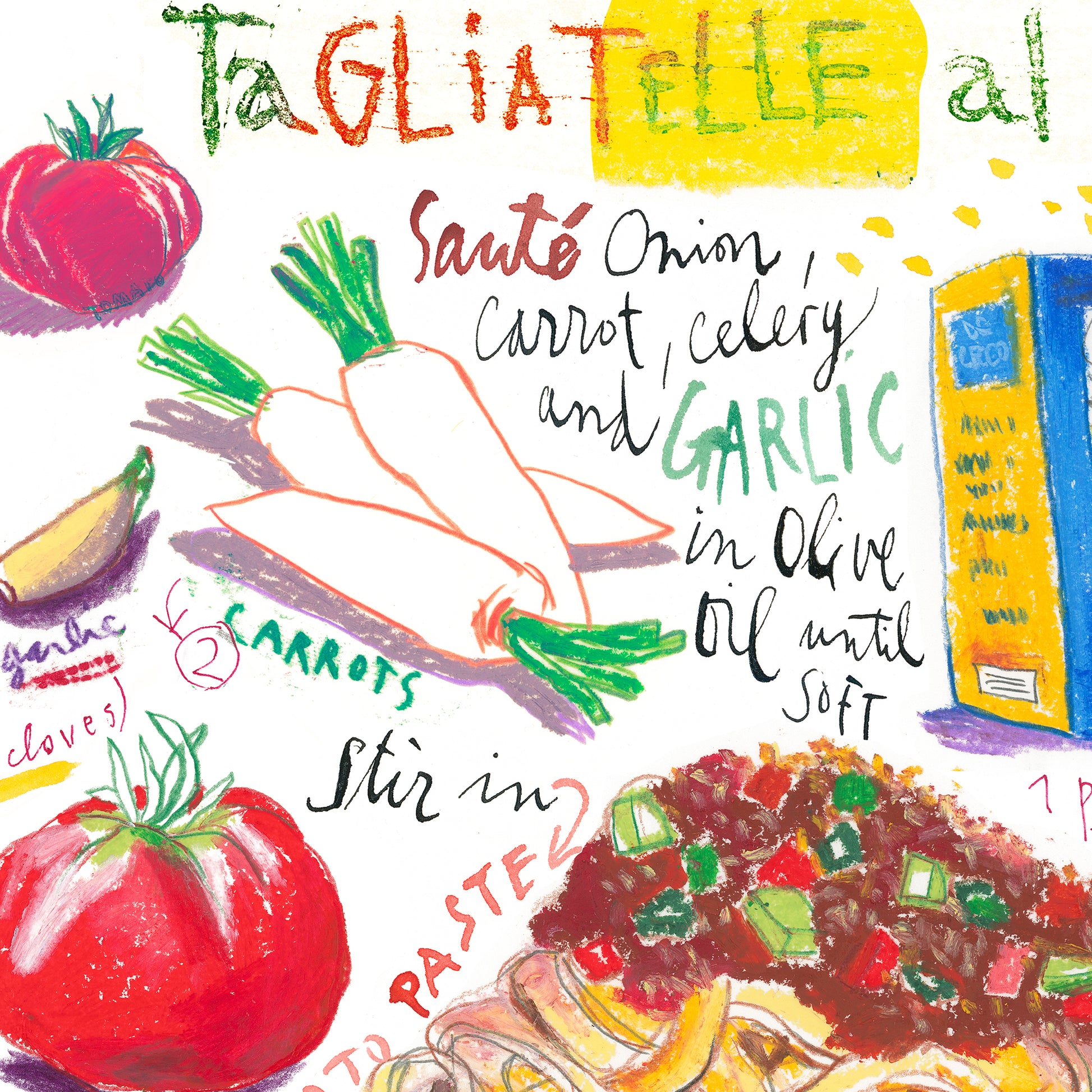 close-up image of Tagliatelle al ragù recipe fine art print in oil pastel featuring the ingredients and the finished dish, along with handwritten instructions in English.