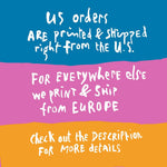 text in various colors and styles, including white, blue, pink, and orange, arranged in a collage-like format. The text appears to be a description of a product or service, with phrases like "US orders are printed & shipped right from the U.S.", "For everywhere else we print & ship from Europe", and "Check out the Description For more details". The text is not repetitive and does not include any unnecessary or redundant information.