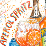 close-up image of an aperol spritz recipe fine art print in watercolor featuring the ingredients and a glass filled with this cocktail, along with handwritten instructions in English.