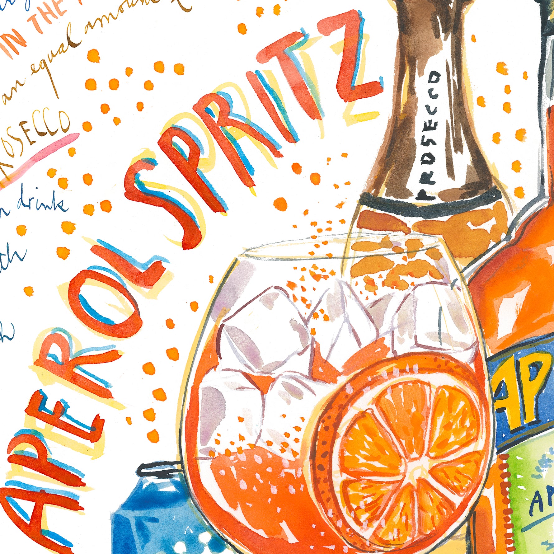 close-up image of an aperol spritz recipe fine art print in watercolor featuring the ingredients and a glass filled with this cocktail, along with handwritten instructions in English.