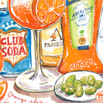 close-up image of an aperol spritz recipe fine art print in watercolor featuring the ingredients and a glass filled with this cocktail, along with handwritten instructions in English.