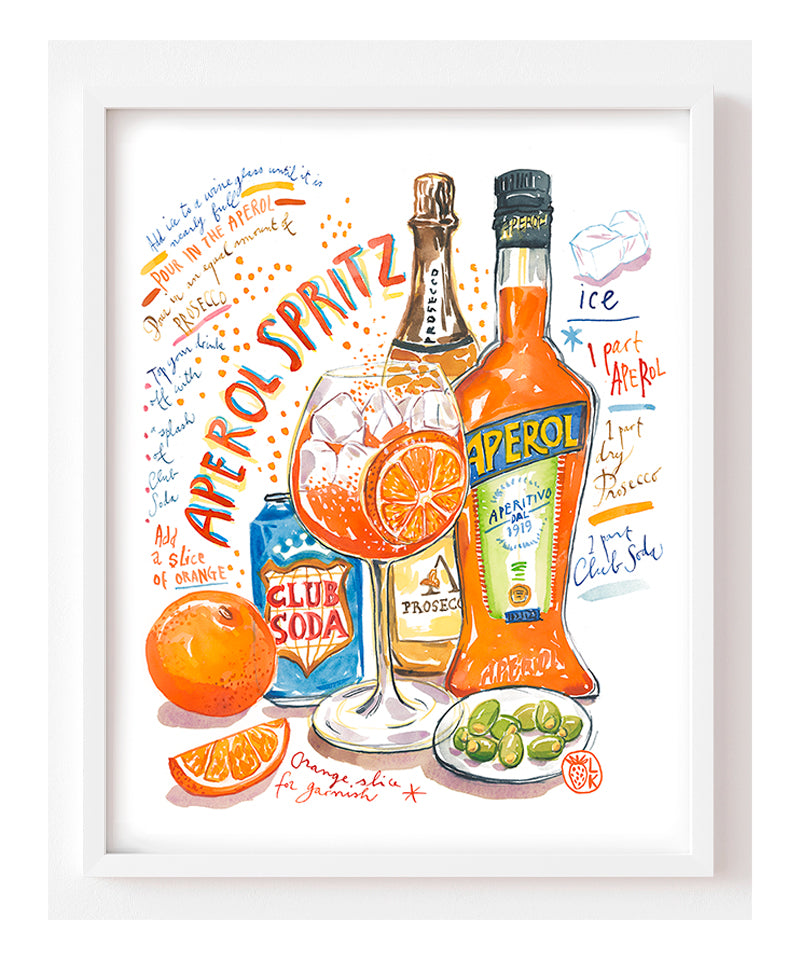 aperol spritz recipe fine art print in watercolor featuring the ingredients and a glass filled with this cocktail, along with handwritten instructions in English.