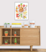 an apple cider donut recipe fine art print in watercolor featuring the ingredients and the finished dessert, along with handwritten instructions in English. The framed poster hanging in a home space.