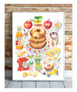 apple cider donut recipe fine art print in watercolor featuring the ingredients and the finished dessert, along with handwritten instructions in English.
