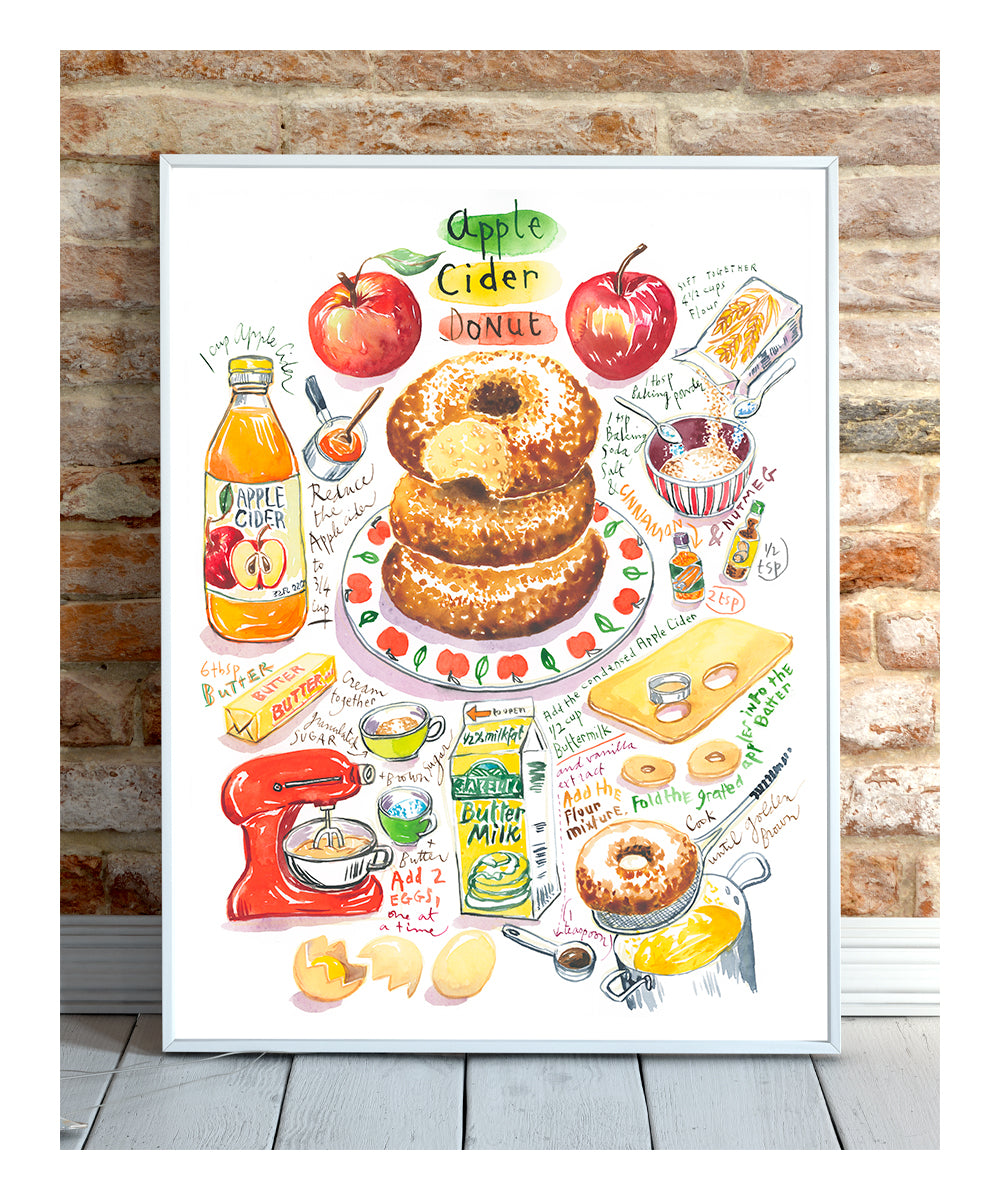 apple cider donut recipe fine art print in watercolor featuring the ingredients and the finished dessert, along with handwritten instructions in English.