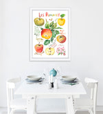 large size of a watercolor apples varieties art print framed in a dining space
