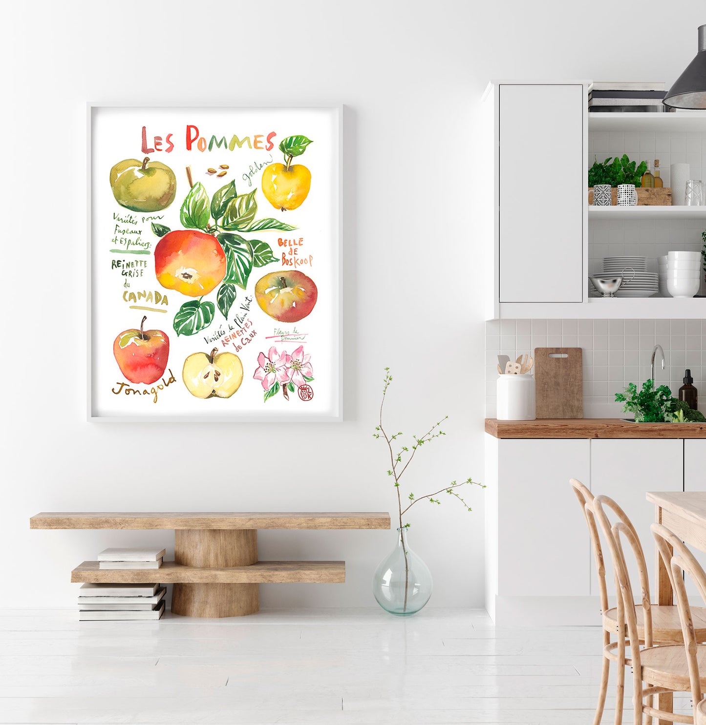 large size of a watercolor apples varieties art print framed in a kitchen space