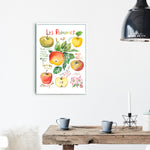 watercolor apples varieties art print framed in a dining space