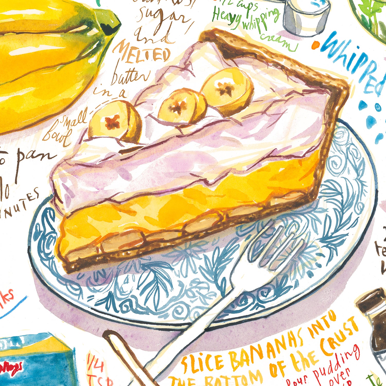 This is a watercolor illustration depicting the classic American dessert made with a creamy banana-flavored custard filling, poured into a crust, and topped with whipped cream.

It is a fine art print of Lucile’s original watercolor painting.

The artwork is faithfully reproduced on high-quality cold press paper using archival pigment inks for lasting color and detail.