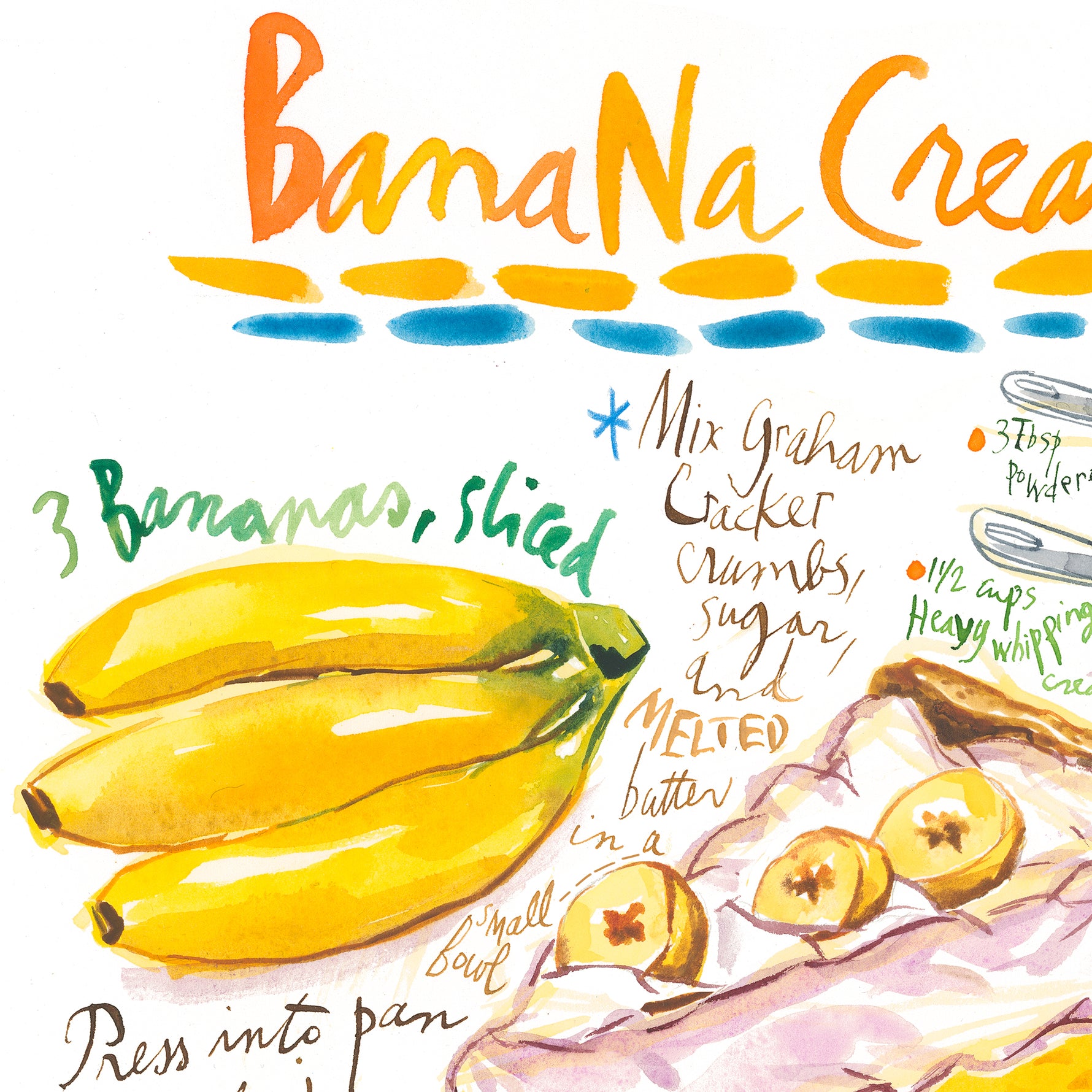 This is a watercolor illustration depicting the classic American dessert made with a creamy banana-flavored custard filling, poured into a crust, and topped with whipped cream.

It is a fine art print of Lucile’s original watercolor painting.

The artwork is faithfully reproduced on high-quality cold press paper using archival pigment inks for lasting color and detail.