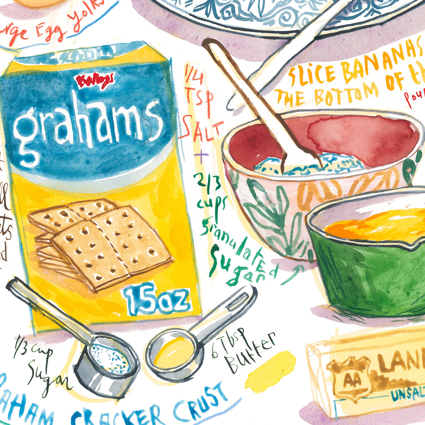 This is a watercolor illustration depicting the classic American dessert made with a creamy banana-flavored custard filling, poured into a crust, and topped with whipped cream.

It is a fine art print of Lucile’s original watercolor painting.

The artwork is faithfully reproduced on high-quality cold press paper using archival pigment inks for lasting color and detail.