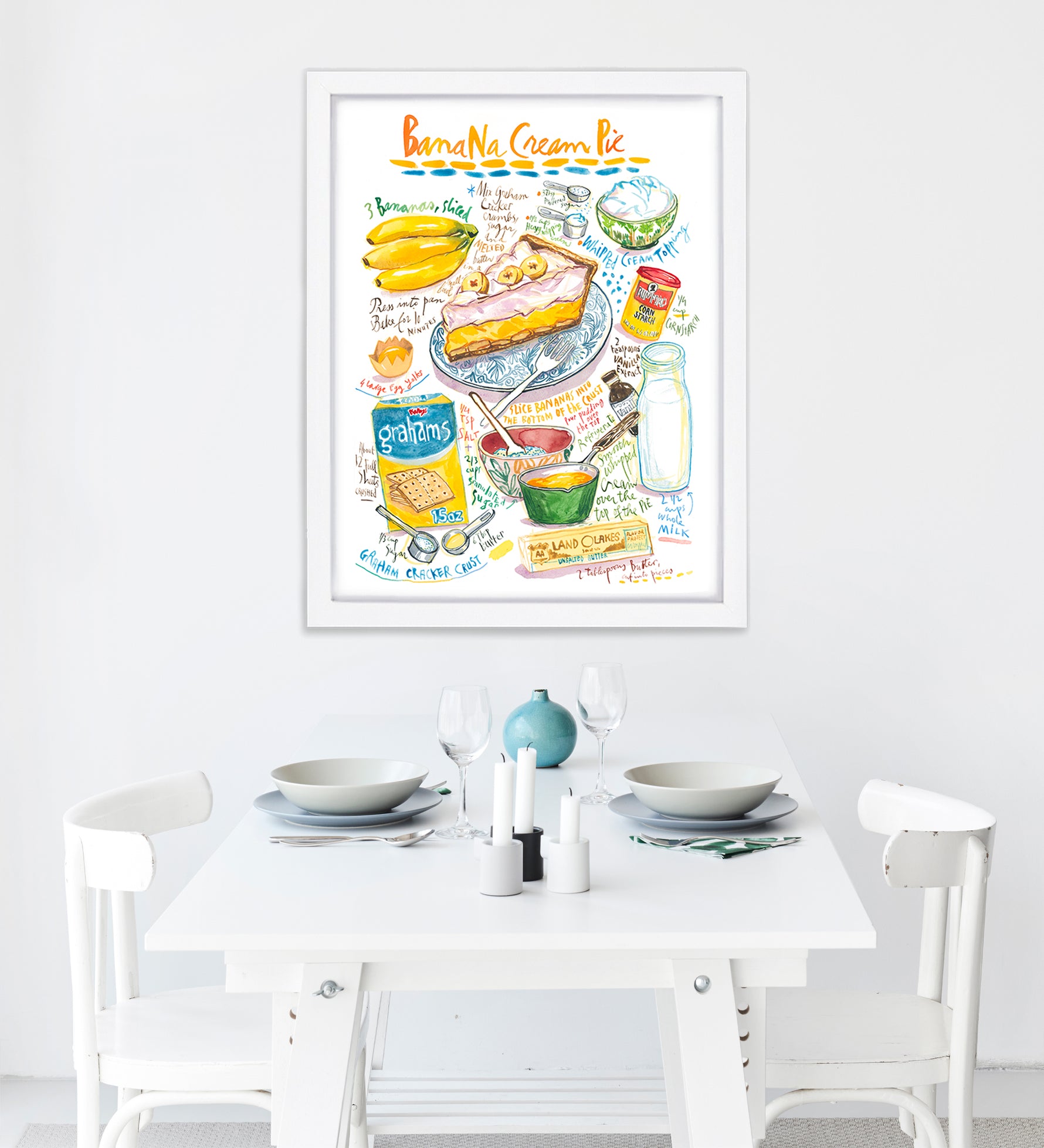 This is a watercolor illustration depicting the classic American dessert made with a creamy banana-flavored custard filling, poured into a crust, and topped with whipped cream.

It is a fine art print of Lucile’s original watercolor painting.

The artwork is faithfully reproduced on high-quality cold press paper using archival pigment inks for lasting color and detail.