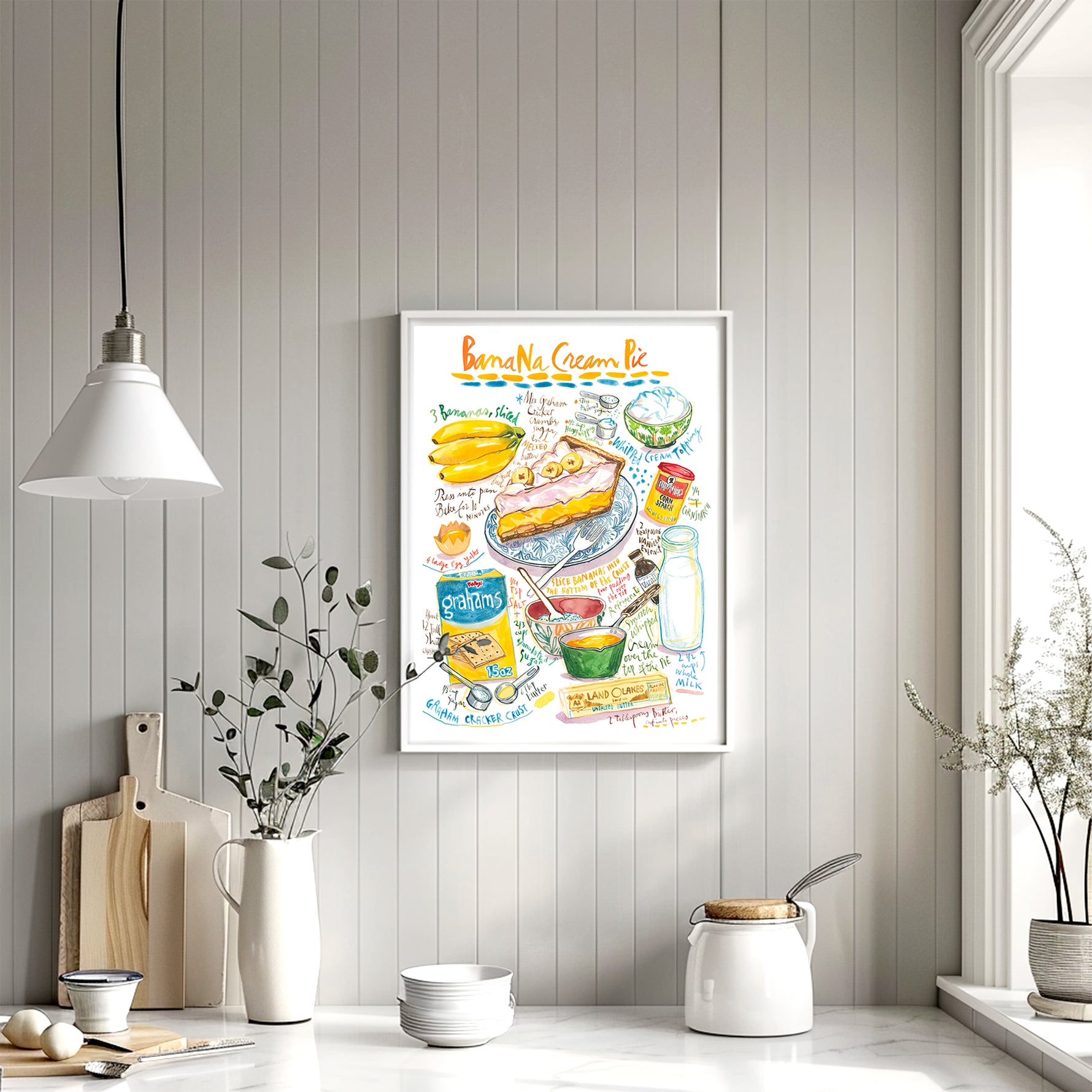 This is a watercolor illustration depicting the classic American dessert made with a creamy banana-flavored custard filling, poured into a crust, and topped with whipped cream.

It is a fine art print of Lucile’s original watercolor painting.

The artwork is faithfully reproduced on high-quality cold press paper using archival pigment inks for lasting color and detail.