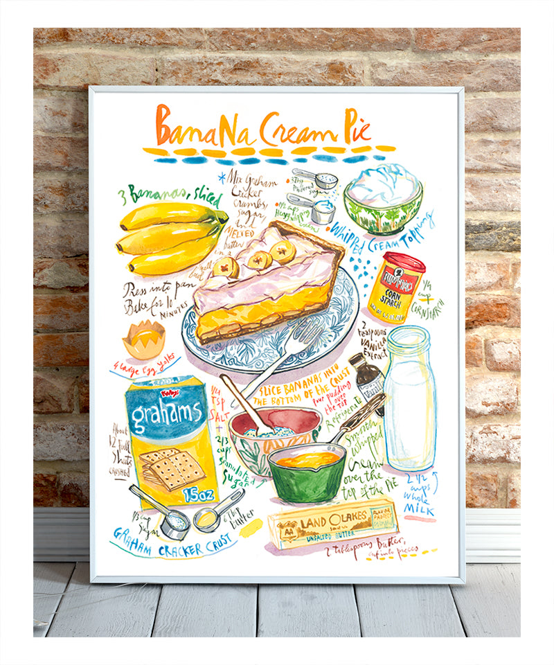 This is a watercolor illustration depicting the classic American dessert made with a creamy banana-flavored custard filling, poured into a crust, and topped with whipped cream.

It is a fine art print of Lucile’s original watercolor painting.

The artwork is faithfully reproduced on high-quality cold press paper using archival pigment inks for lasting color and detail.